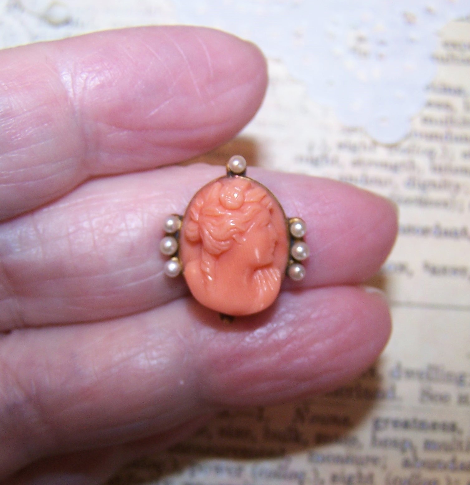 Antique 14K Yellow Gold Coral Cameo Pearl Stick Pin Head 4 Repurposing 2.29 Gr