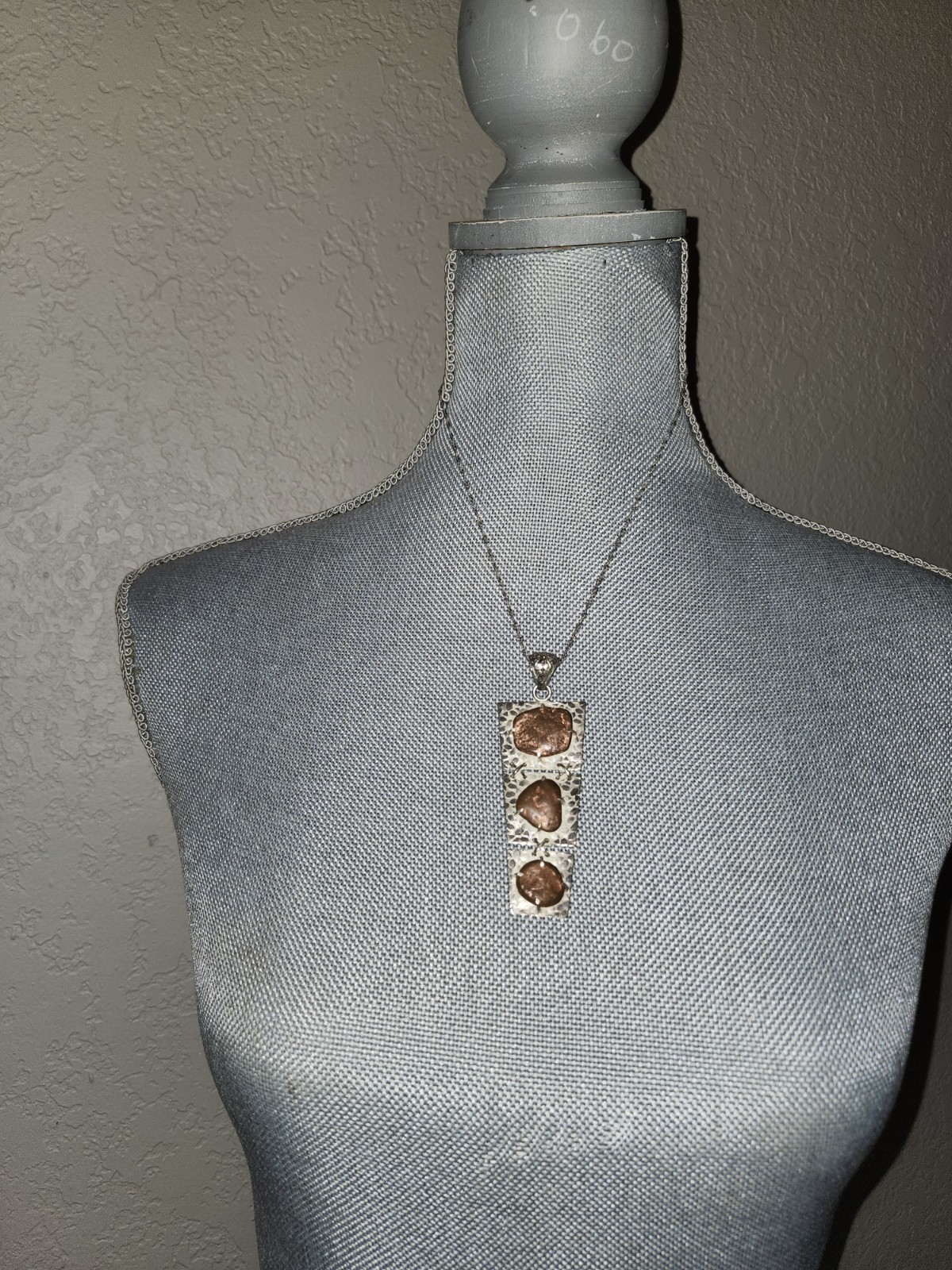 925 STERLING SILVER, COPPER NUGGETS PATTERNED PENDANT ANTIQUE NECKLACE 35+ Grams
