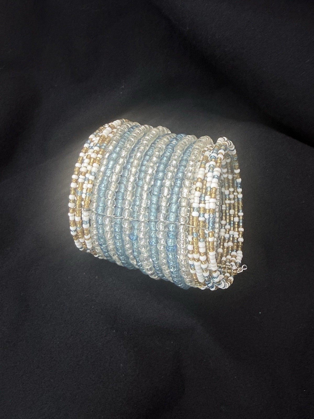 Blue White Gold Glass Seed Bead Wrap Cuff Bracelet, Multi-Strand, Stackable