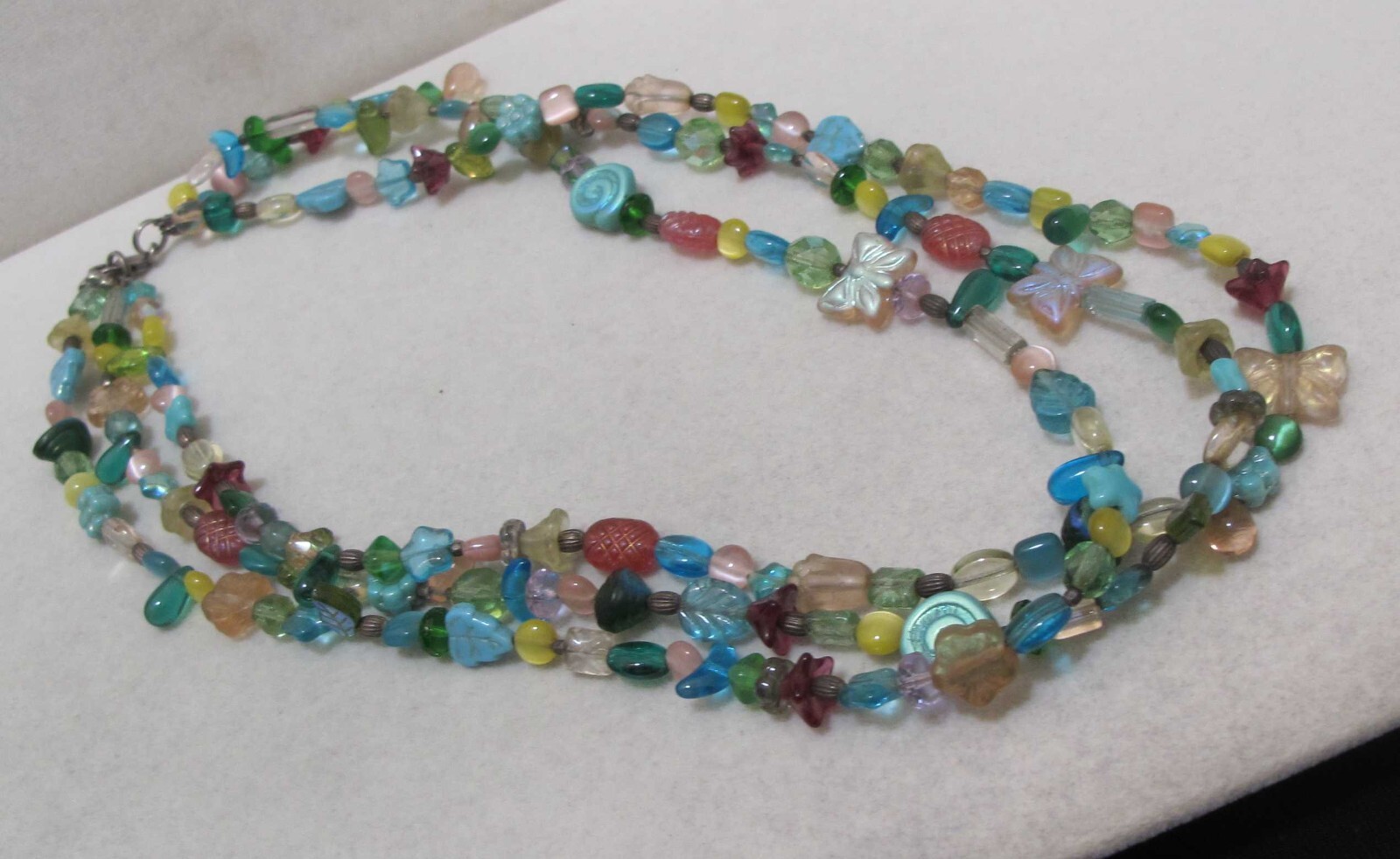 3-Strand Blue Beige Translucent & Iridescent Beads 18” Necklace 925 Clasp