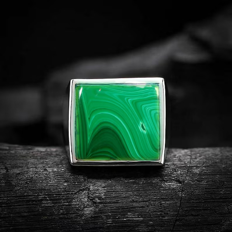 Solid 925 Sterling Silver Natural Green Malachite Gemstone Gift Men’s UnisexRing