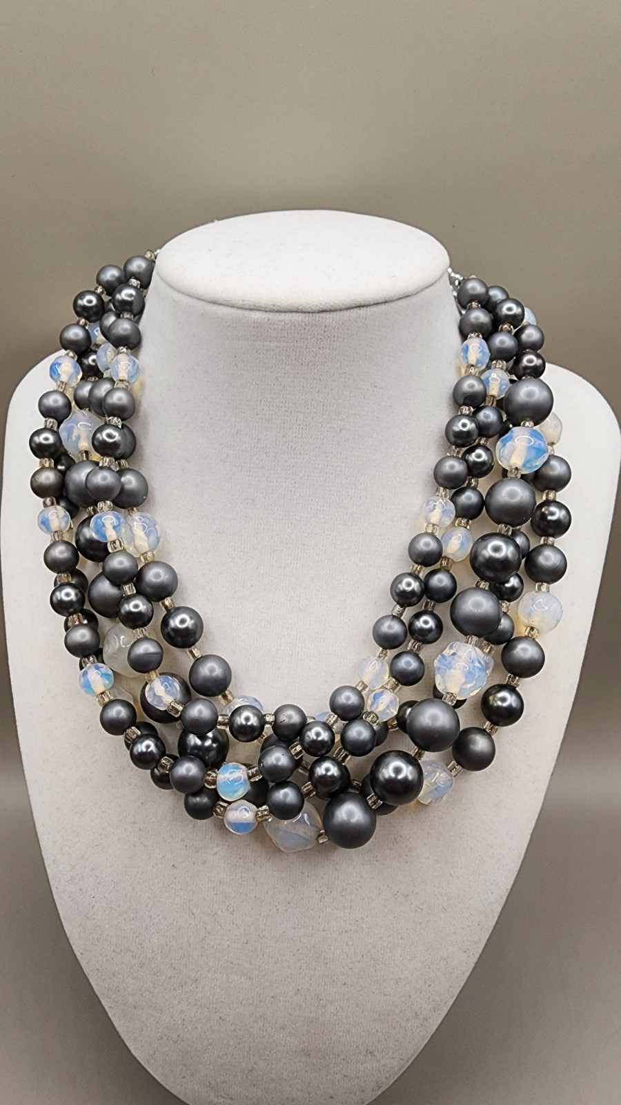 Vtg 50s Grey Faux Pearl Lucite 5 Strand Bib Statement Choker Necklace 14″ Hook