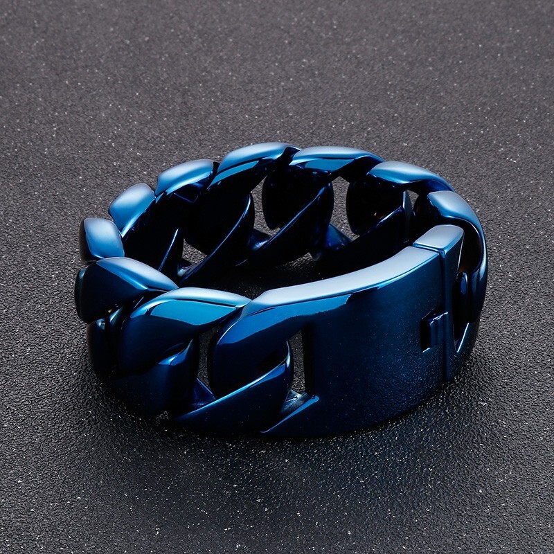 32mm 24cm (9.44”) Large Chunky Cuban Curb Chain Bracelet Stainless Steel Blue