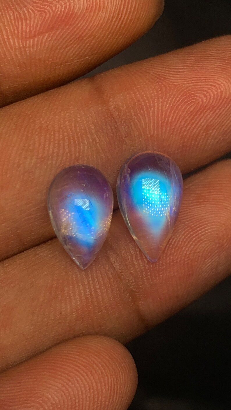 AAAAAA Quality Rainbow Moonstone Blue Fire Pear Shape Cabochon Size 9.5×14-9X15