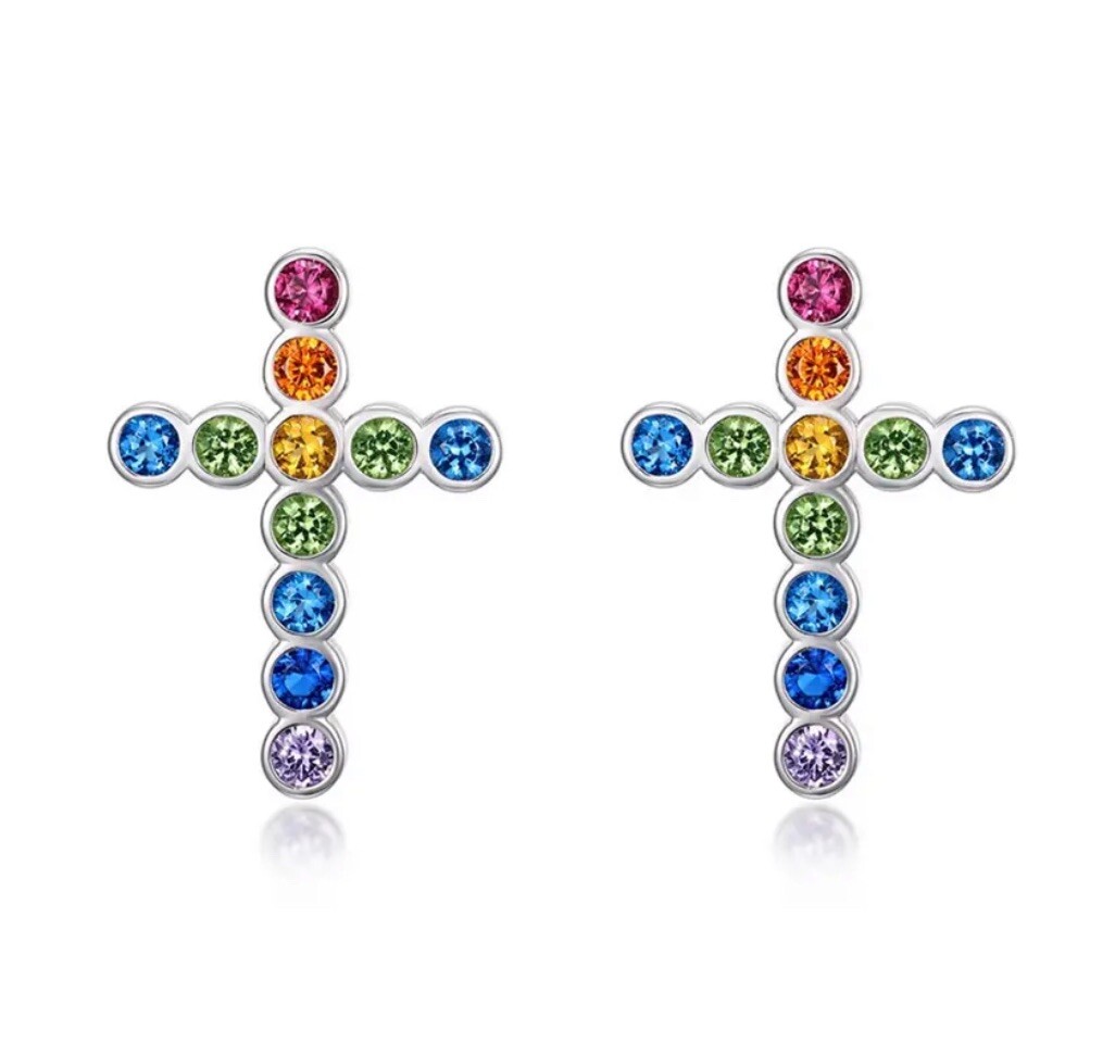 DEAL! FINE 925SS Multicolor Gemstone Cross Necklace, Earrings, & Ring Size 8 Set