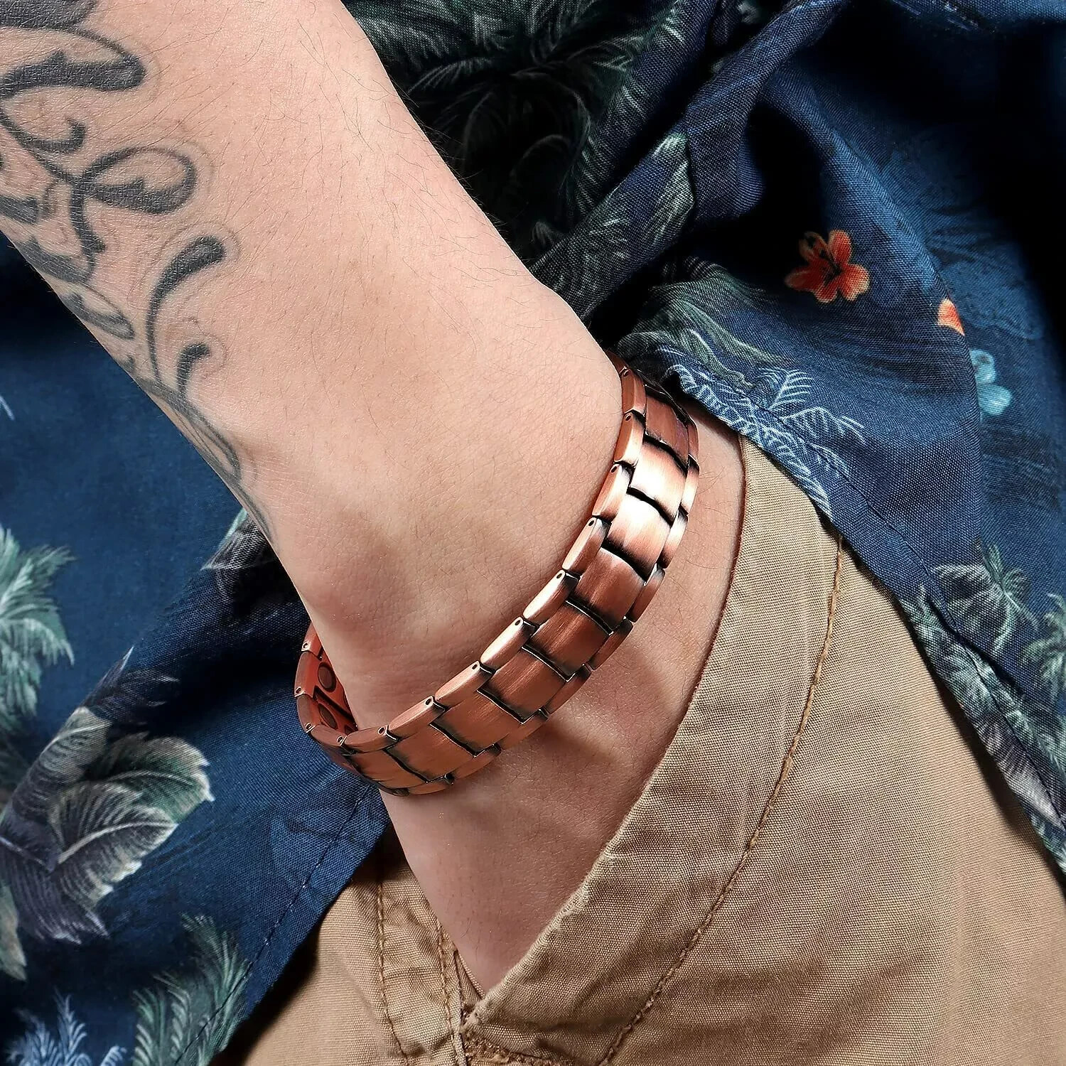 Men Copper Wide Double-Row Strong Magnetic Bracelet 99.9% Copper Bracelet 8″