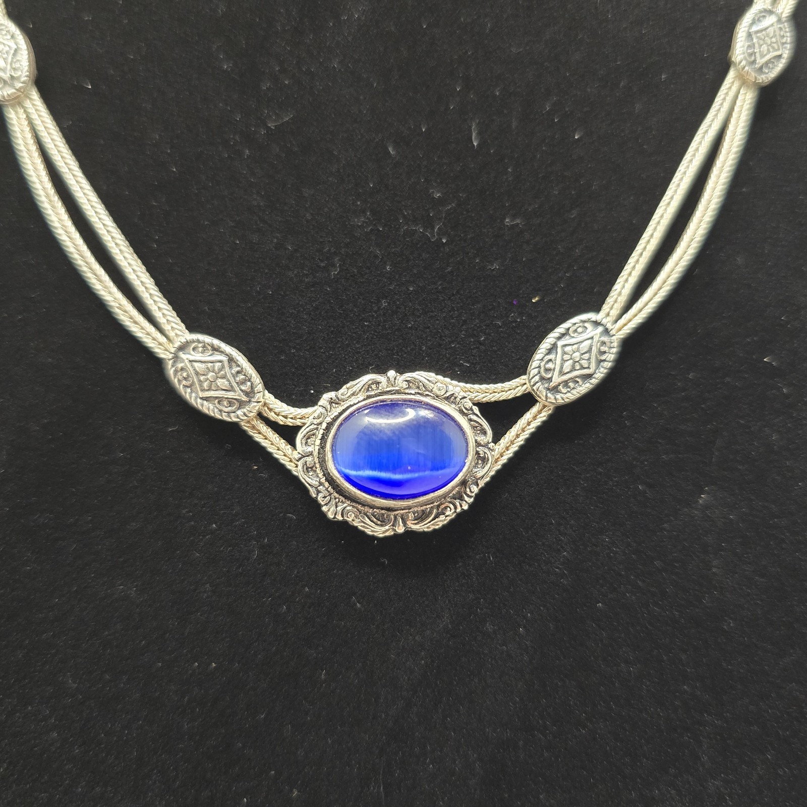 Vintage Sterling Silver Double Strand Fox Tail Link Hawk Eye Necklace 16.75 Inch