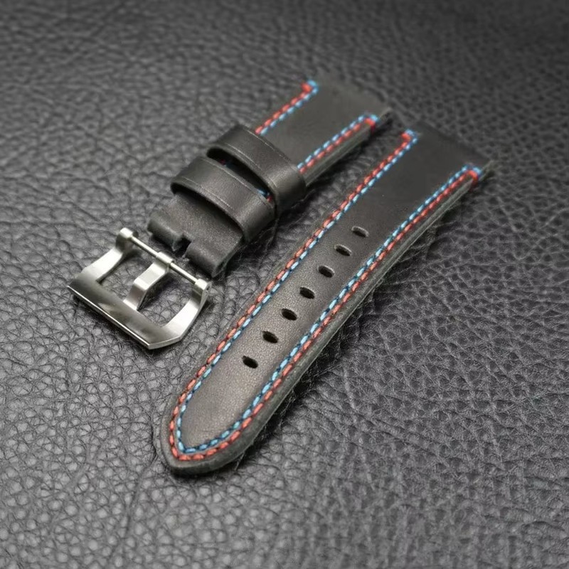 24mm Hand Made Black Leather Watch Strap Band Fits Panerai PAM727