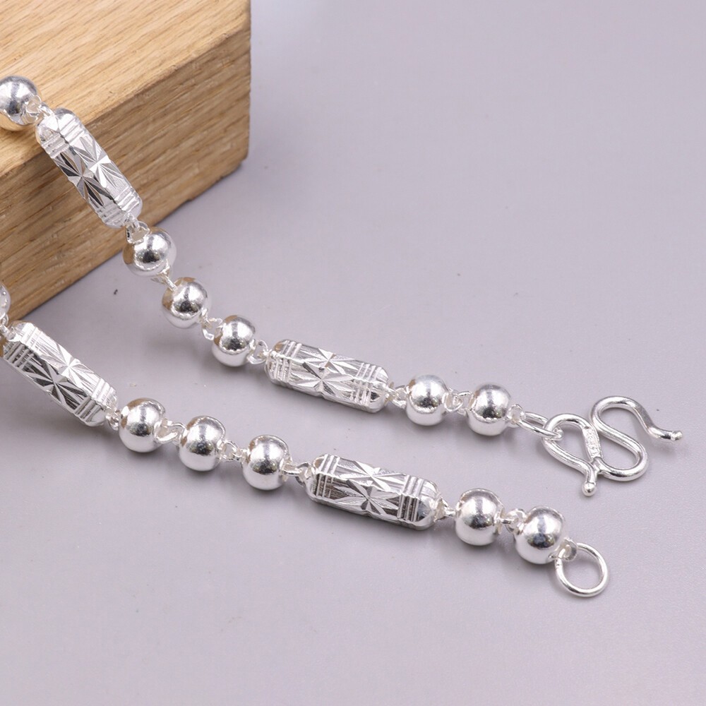 Pure S999 Fine Silver 999 Chain 6mm Pillaer Beads Link Necklace 29-30g 21.6inch