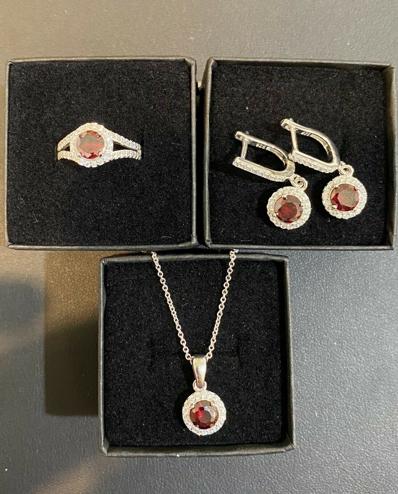 Real 925 Silver Red Ruby & Simulated Diamond Ring Pendant Necklace & Earring Set