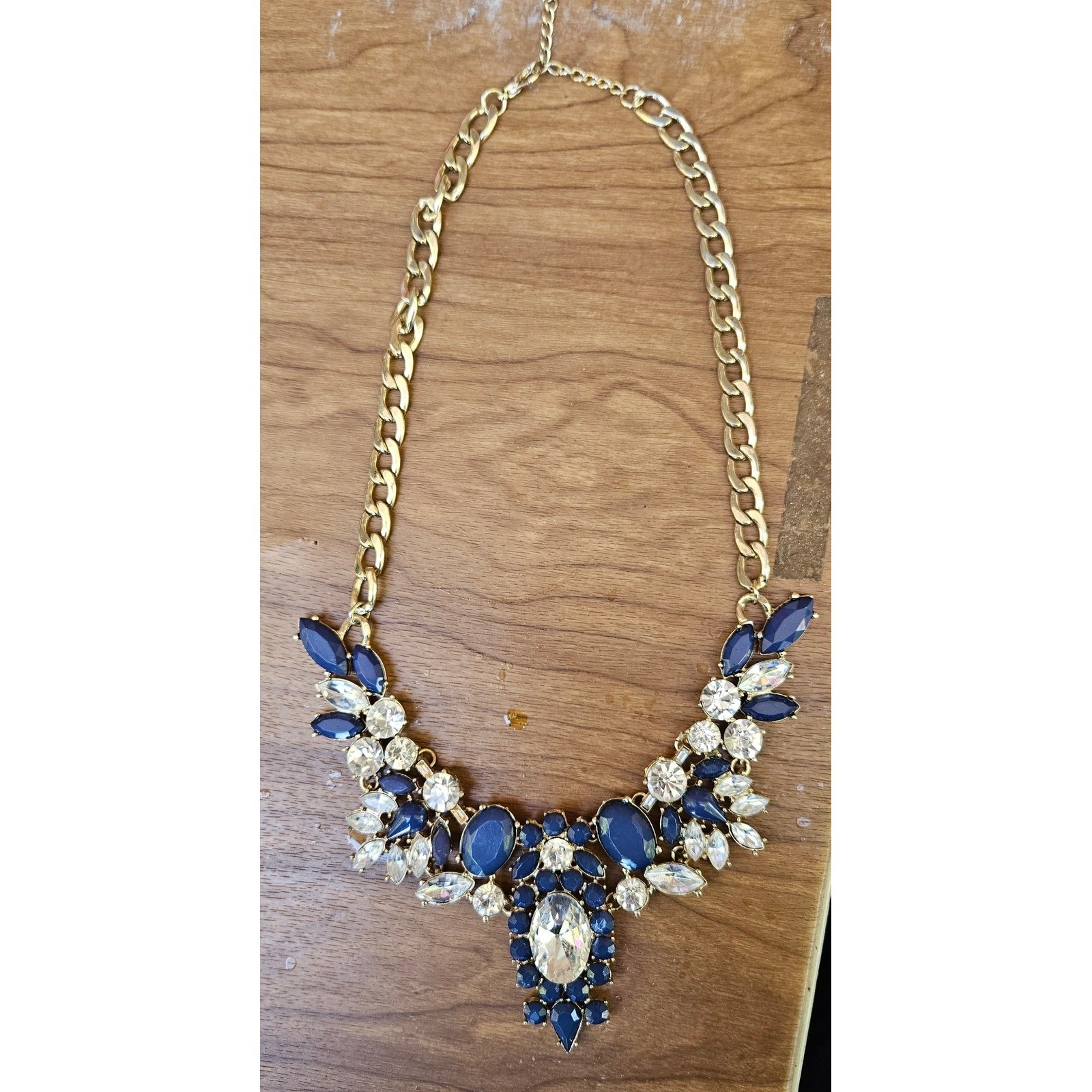 etc! Gold Chain Necklace with Blue & Clear Rhinestone Statement Bib