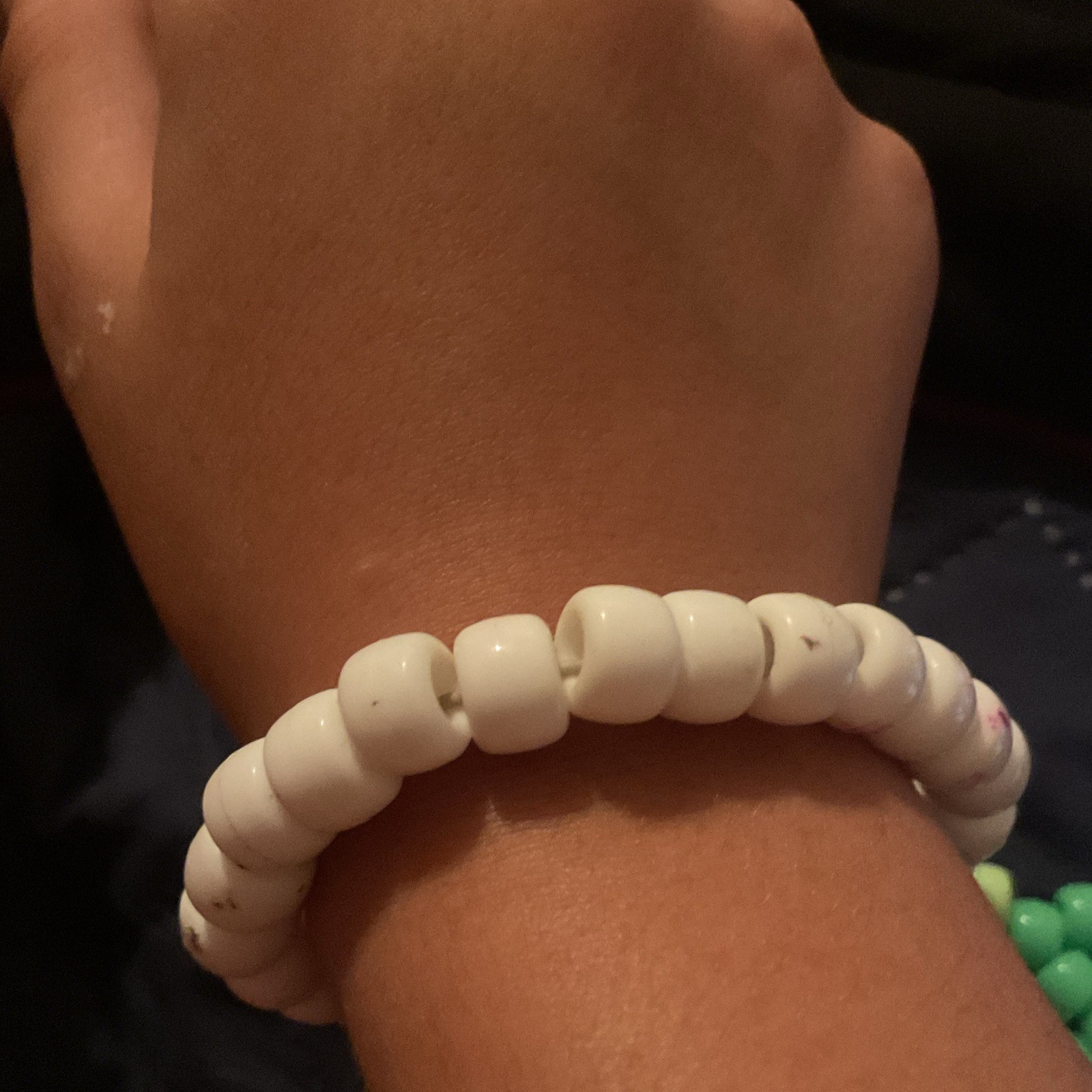 White Plastic Beaded Stretch Slip-On Bracelet w/ Green & Pink Beads Unisex