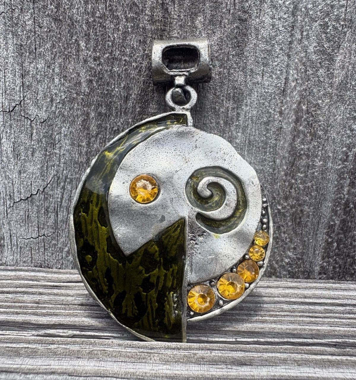 Silver Tone Metal Round Spiral Swirl Pendant w/ Green Accent and Amber Gems