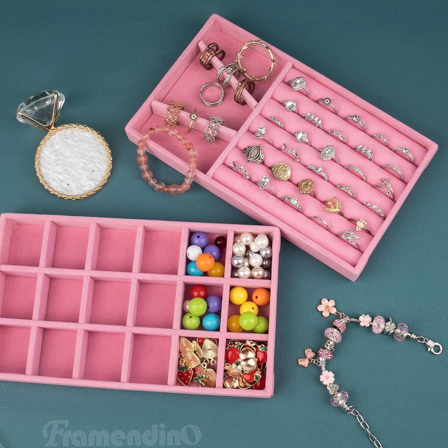 4 Pack Velvet Jewelry Organizer for Drawers Inserts Pink Stackable Earrings