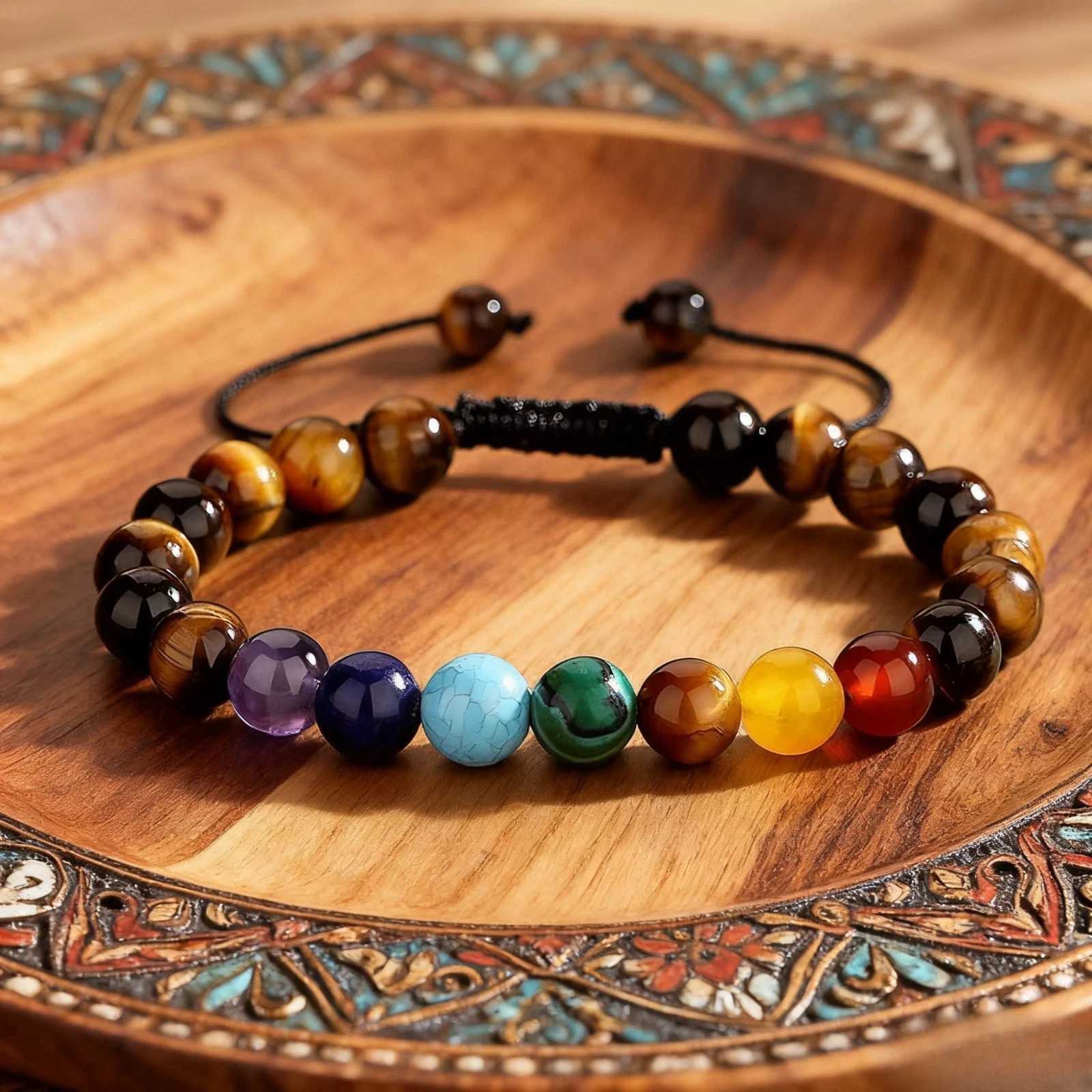 7 Chakra Natural Tiger’s Eye Stone Beaded Bracelet for Men Women Gift