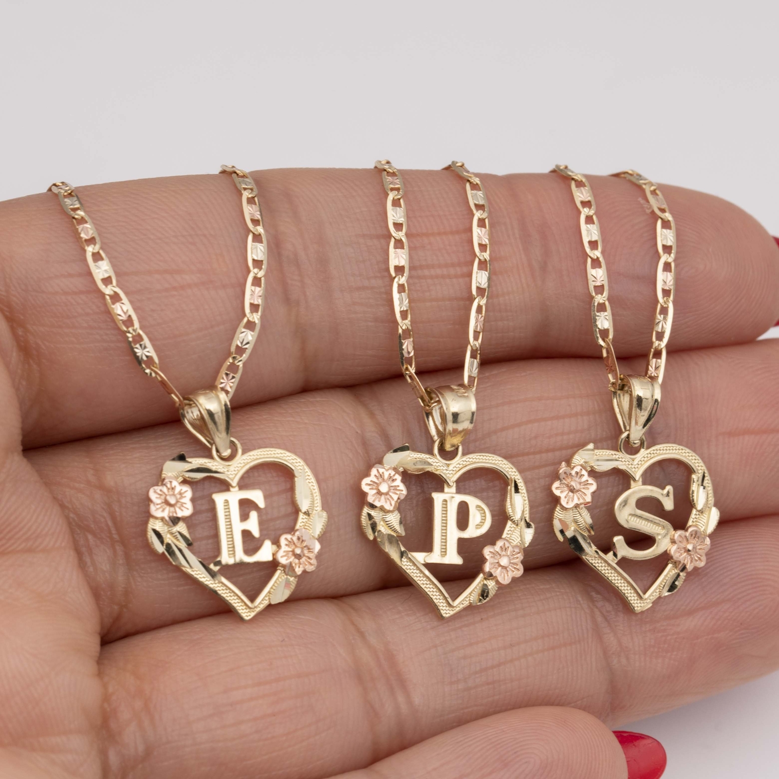 Cutout Heart Flower Initial Letter Pendant Necklace Real 10K Yellow Rose Gold