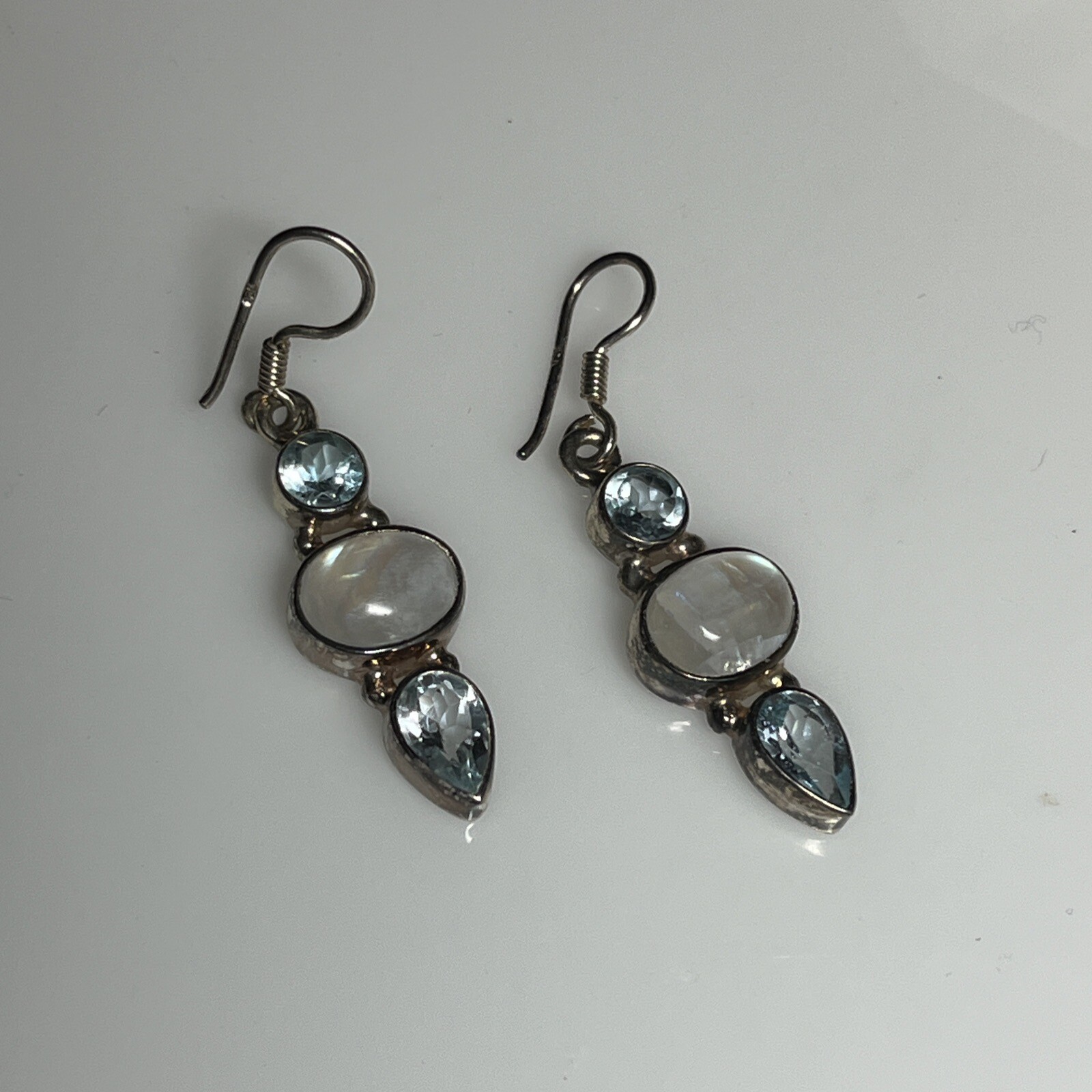 Moonstone and Faceted Blue Topaz 925 Sterling Silver 3-Gem Dangle Earrings 8a