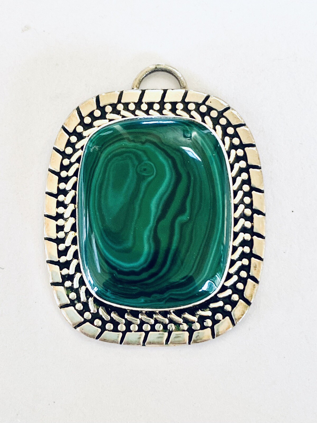 Mexican ATI Malachite Rectangular Sterling Silver 925 Pendant 1 1/2″L x 1 3/8″W