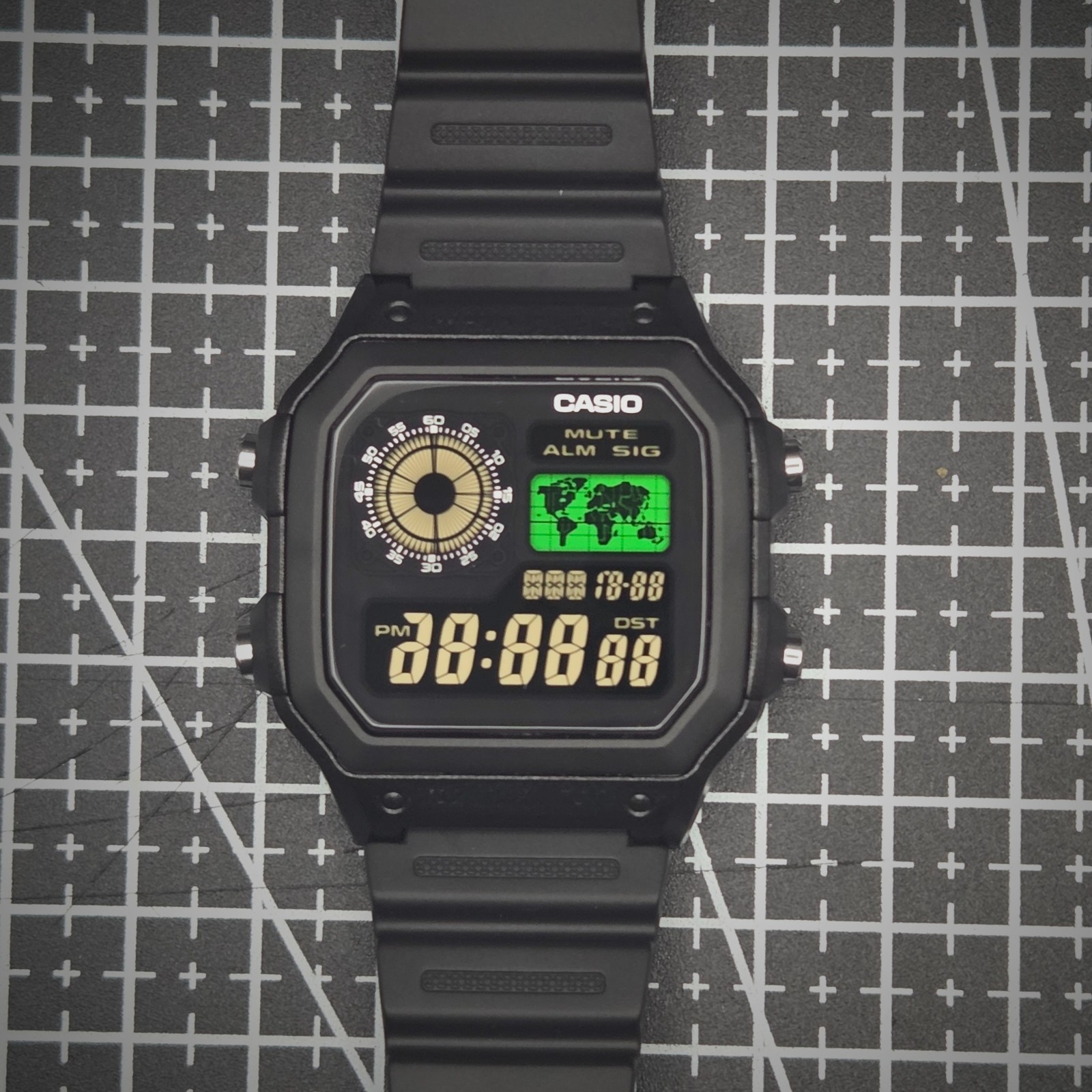 CASIO AE-1200WHD. Royale World Time Watch Mod. Green, Negative Display, Hydromod
