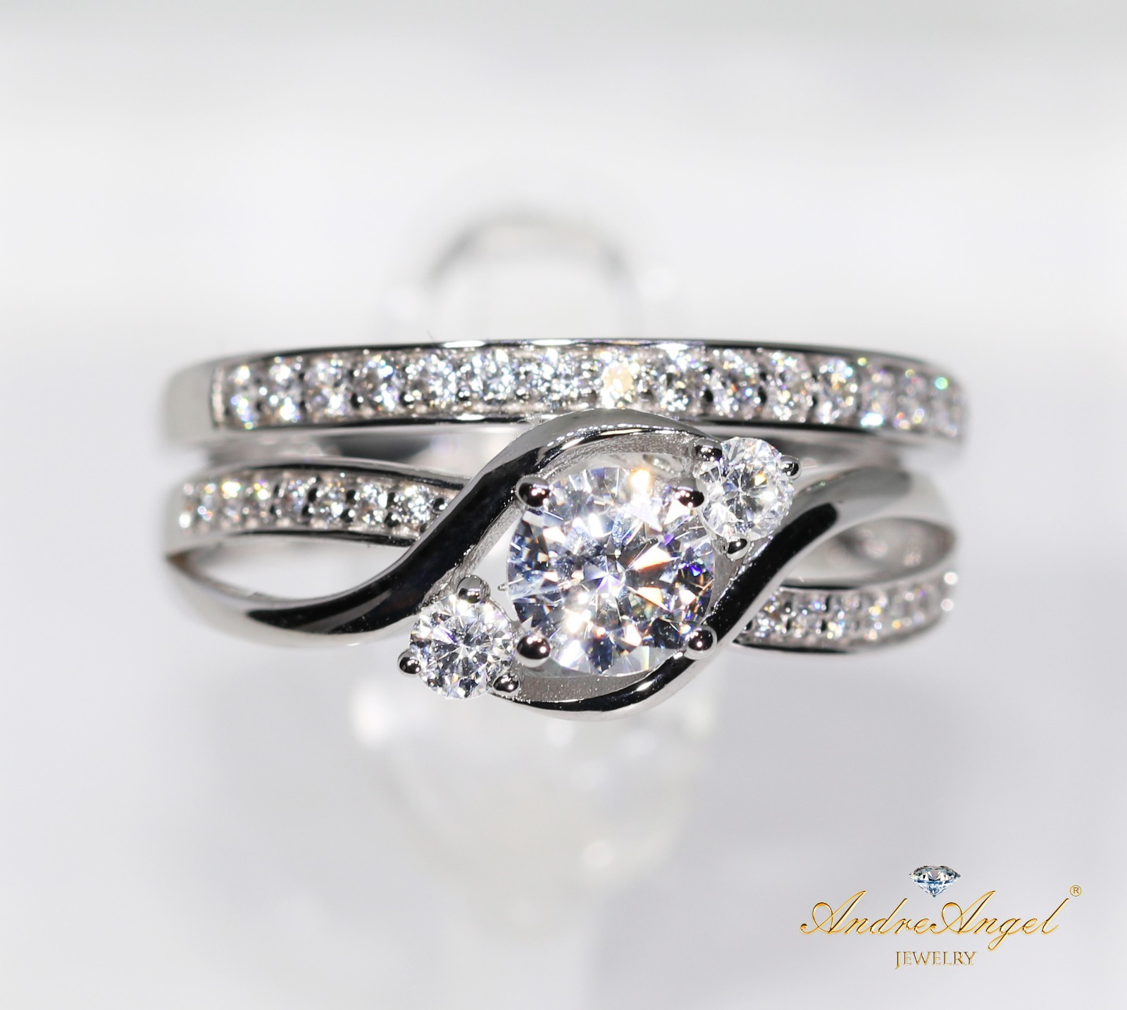 Solid Silver 925 Wedding Engagement Ring Set Infinity 3-Stone Cubic Zirconia 5A+