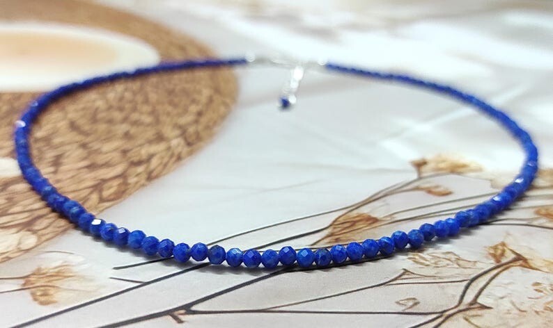 2-3MM Lapis Lazuli Faceted Round Gemstone Beaded Healing Unisex Necklaces 24”