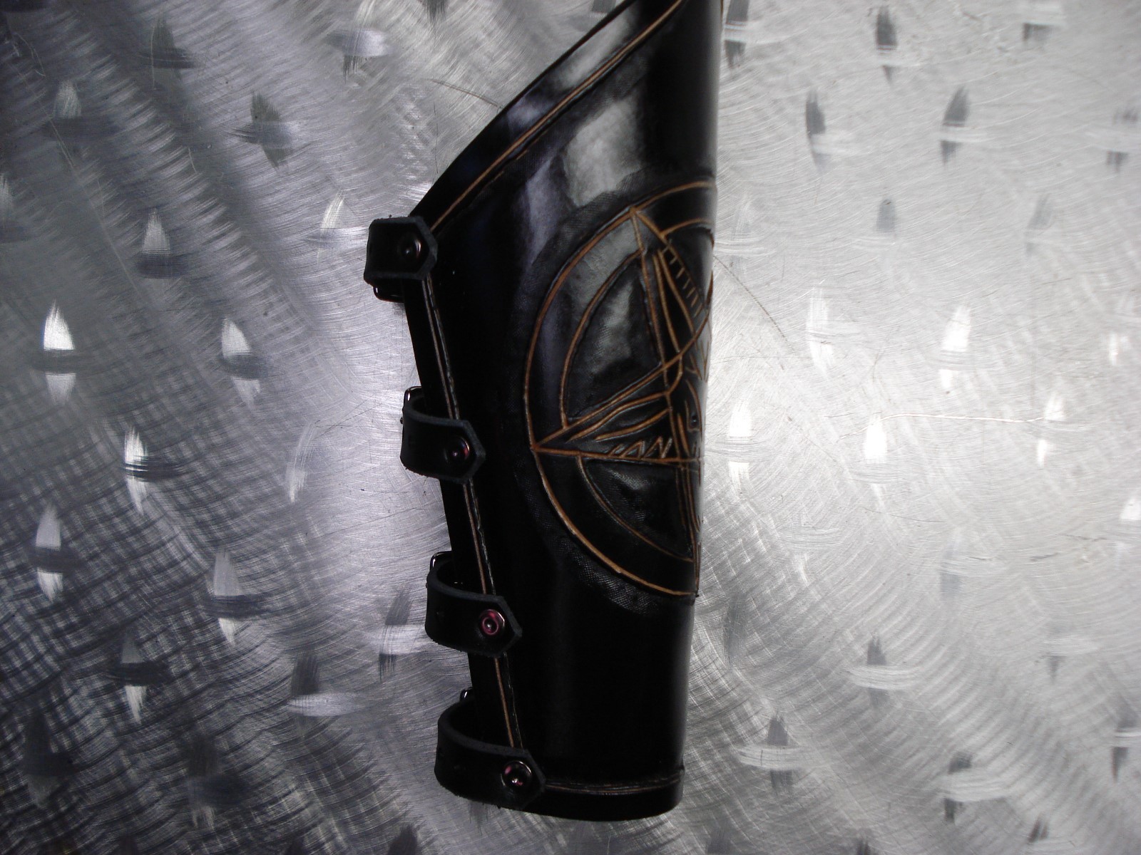 LEATHER CARVED PENTAGRAM GAUNTLET. BLACK METAL (MDLG0165)….. THY PRIMORDIAL