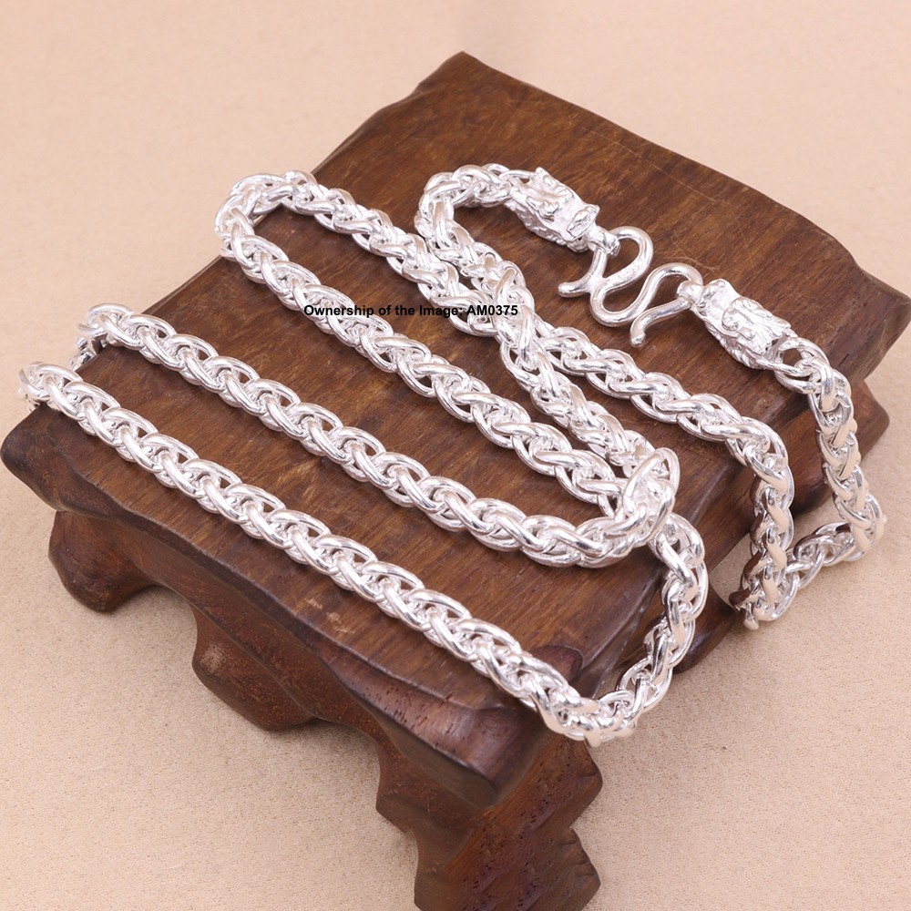 22inch Real S999 Fine Silver Necklace 5mm Wheat Link Chain Dragon Head Necklace