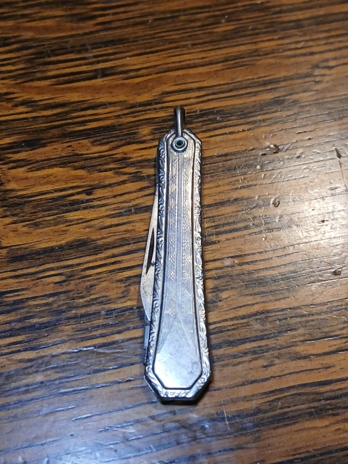 Vintage Sterling Silver Pocket Watch Fob Art Deco Engraving Folding Knife 2Blade
