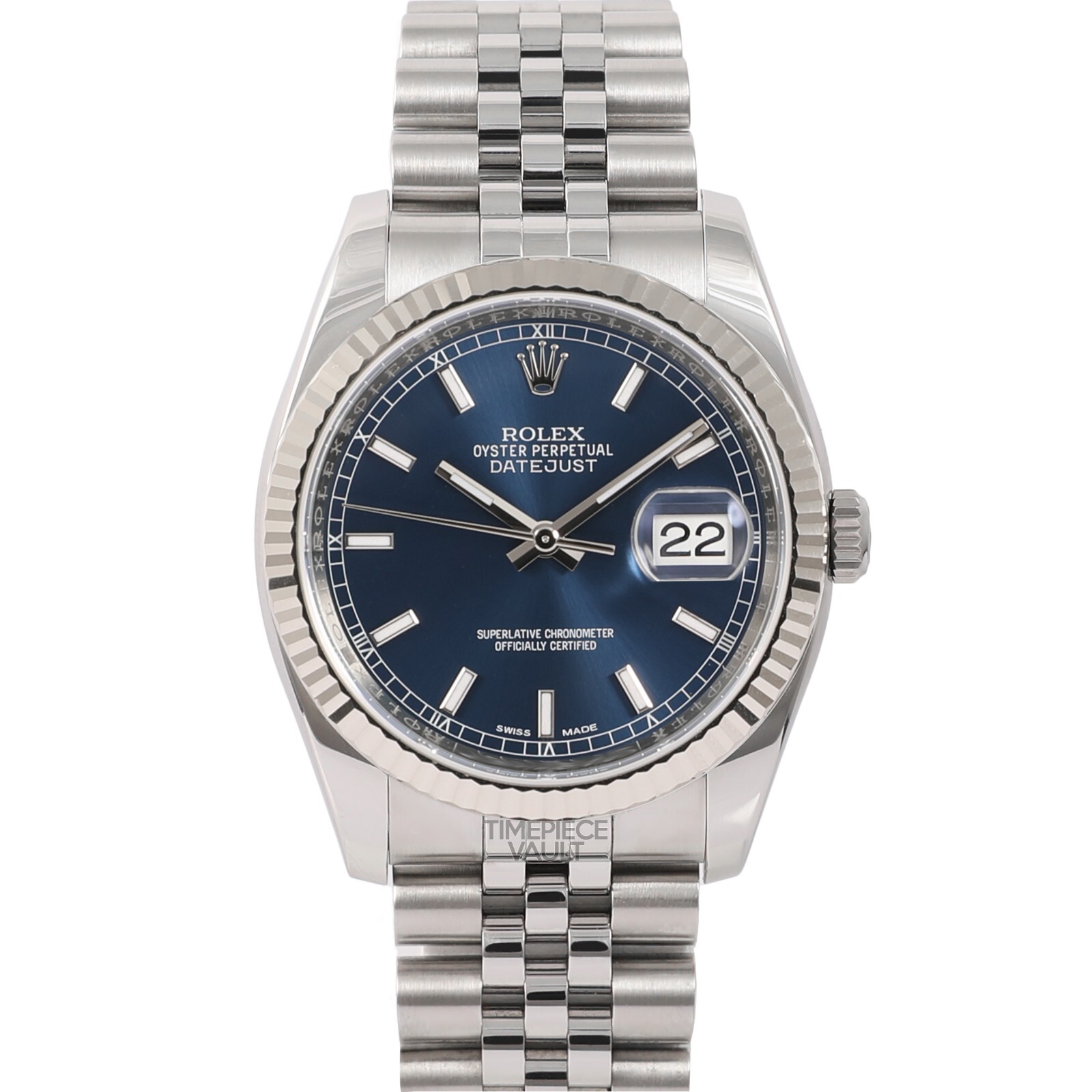 ROLEX DATEJUST 116234 STEEL 36MM JUBILEE WATCH NAVY STICK DIAL 18K FLUTED BEZEL
