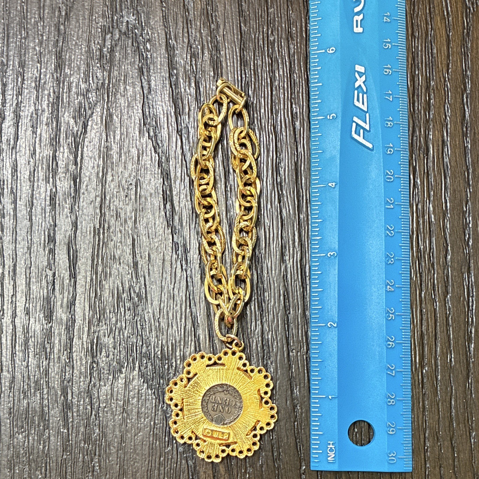 Gold Tone Curb Chain Charm Bracelet Coin Medallion Dangle Toggle Clasp Signed