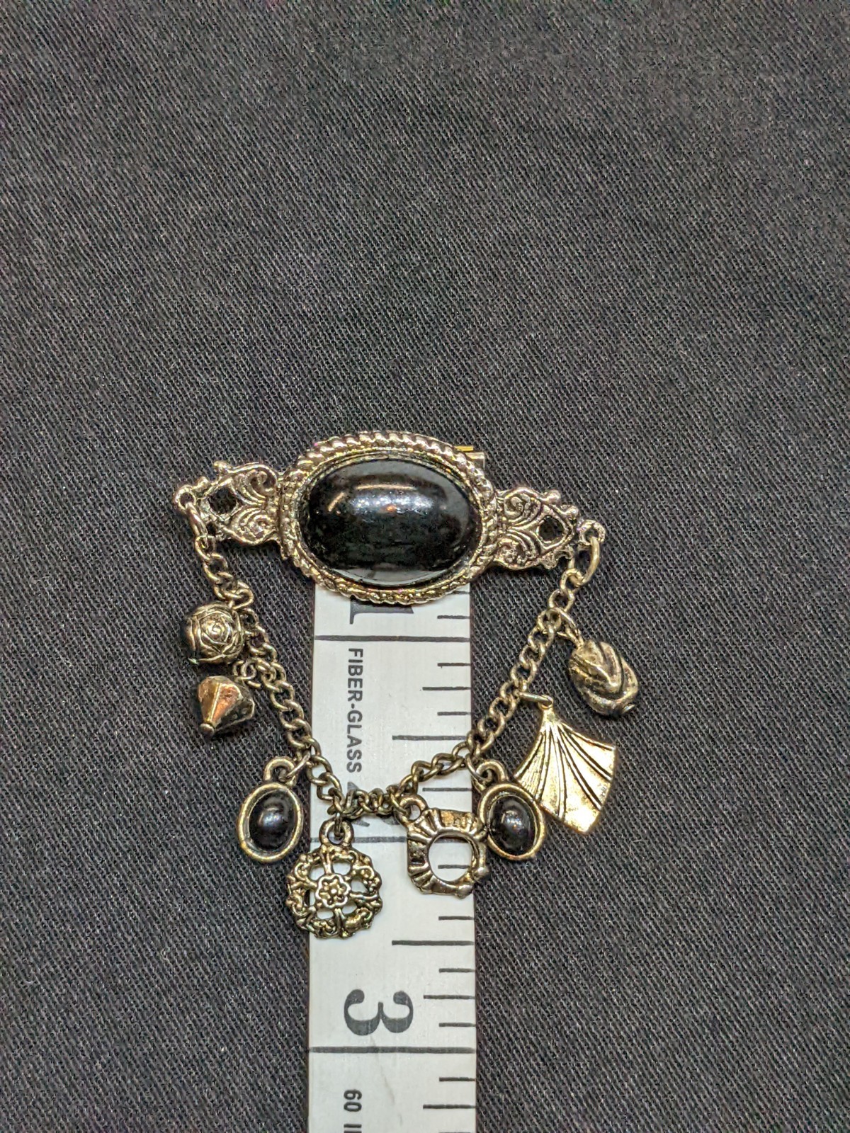 Vtg Victorian Revival Dangle Charm Brooch Black Cabochon Bronze Tone Emo Gothic