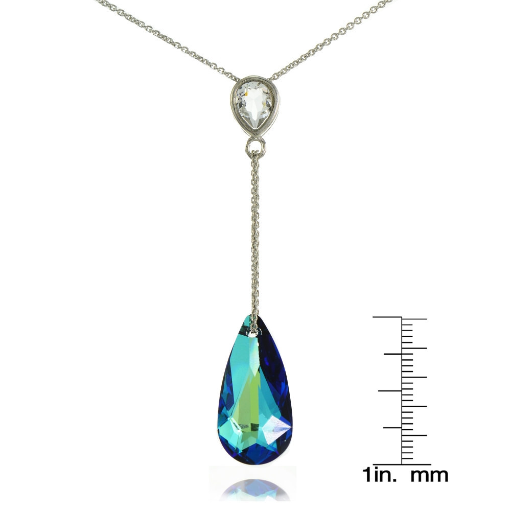 925 Silver Bermuda Blue Pear Shape Drop Necklace Adorned w/ European Crystals