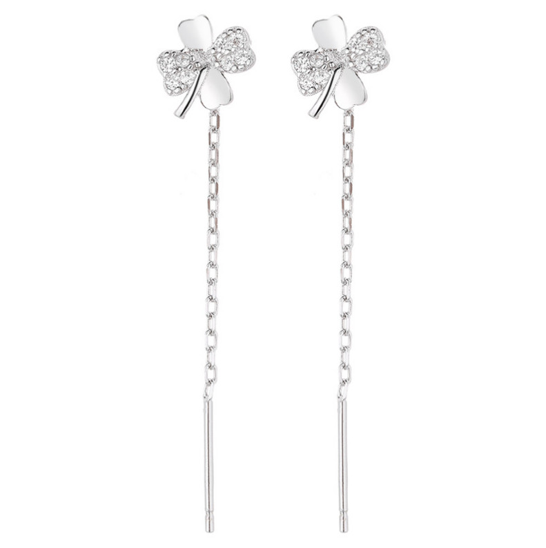 S925 Sterling Silver Clover CZ Dangle Pull Through Threader Stud Earrings PE36