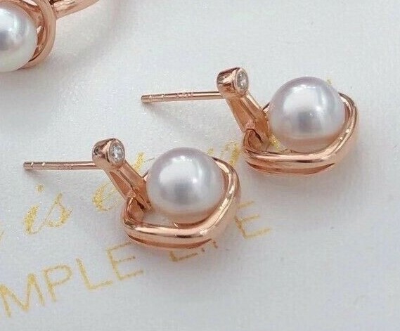 Superb luster fresh water akoya 6-7mm Pearl earrings Rose gold plated Silver 925