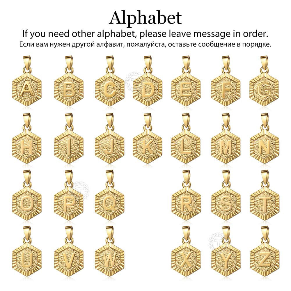 Hex Gold Plated Initial Letter A-Z Pendant Charm Only, Hexagon Shape (No chain)