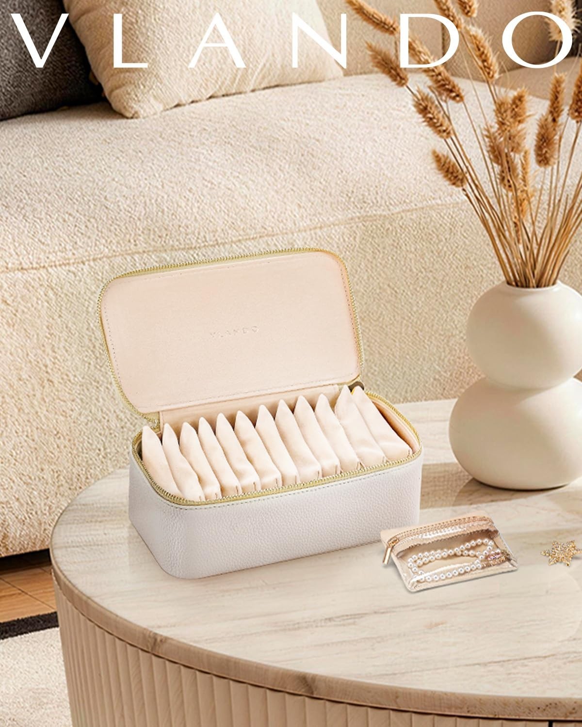 Travel Jewelry Organizer Case with 12 Velvet Pouches – Necklace, Rings, Earrings