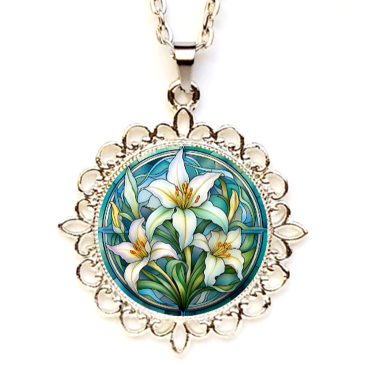 Easter Lily Floral Bezel Pendant/Necklace Beautiful Silver Gold Rose Gold Tone