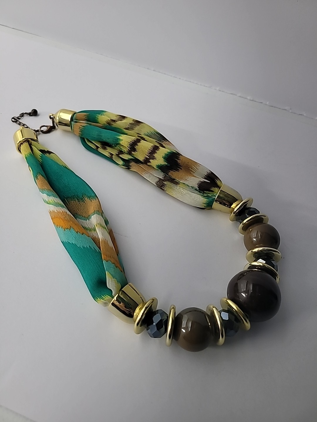 Vintage Boho Statement Necklace Fabric Beads Resin Gold Tone Boho Boutique