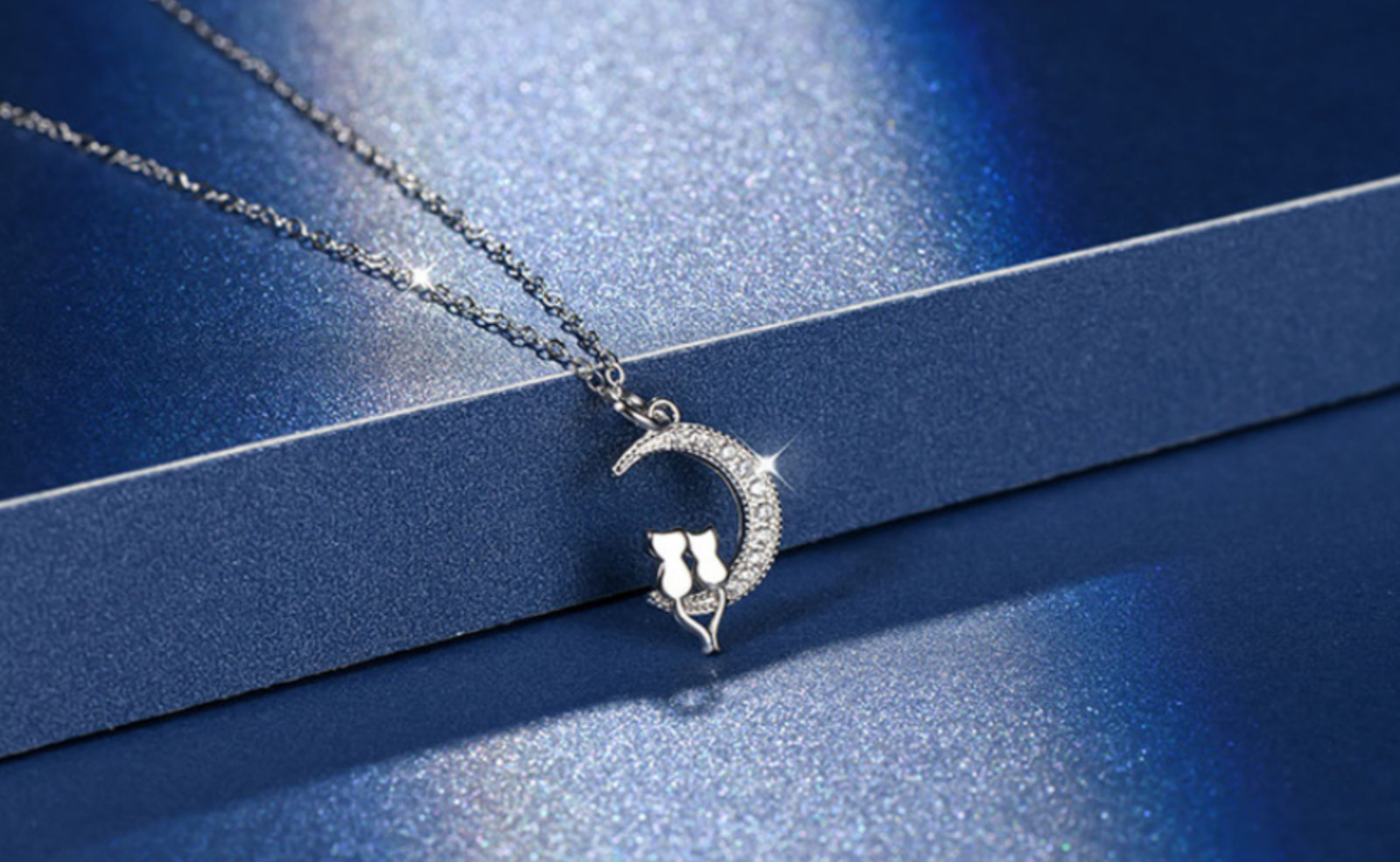 Crescent Moon Double Love Cats Silver Pave Cubic Zirconia Pendant Chain Necklace