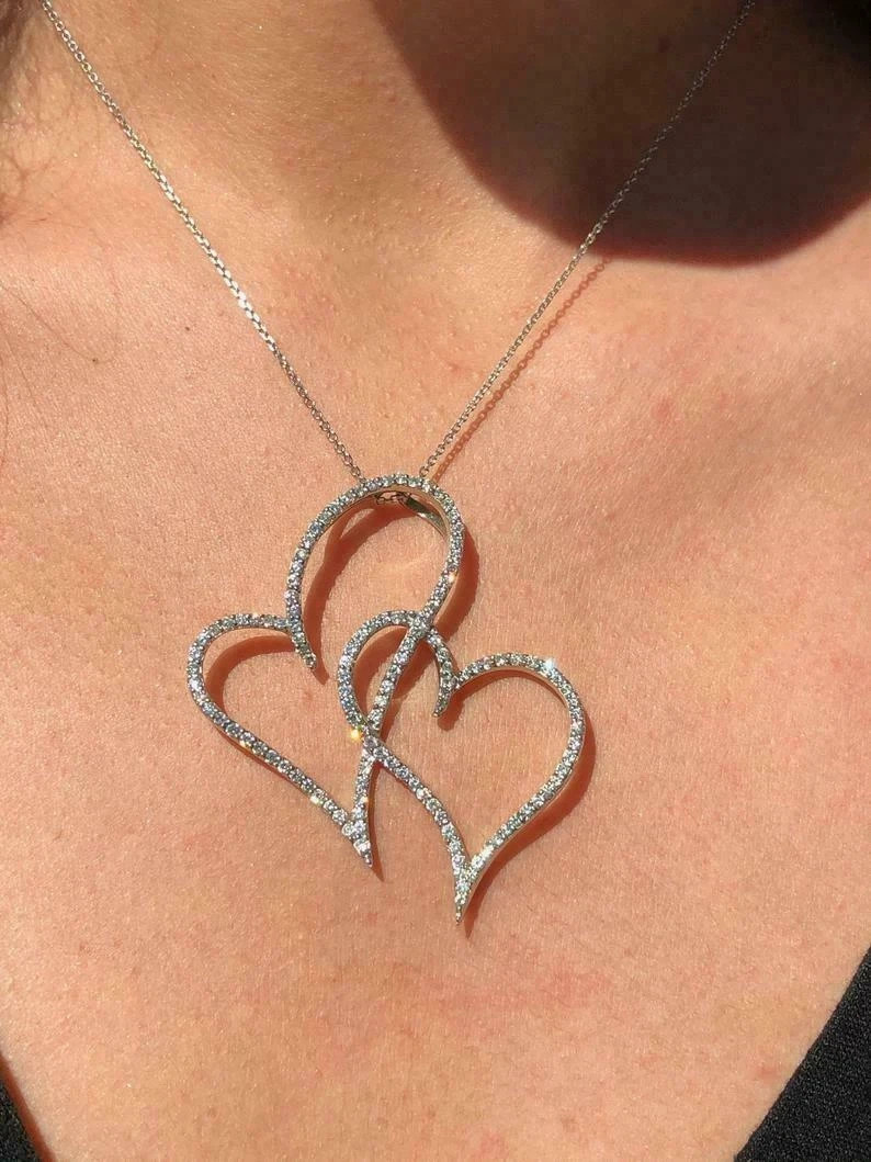 1.20Ct Round Lab Created Moissanite Double Open Heart Pendant 14k White Plated