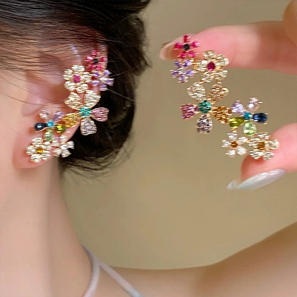 Women’s Colored Zircon Flower Necklace Earrings Clavicle Chain Jewelry