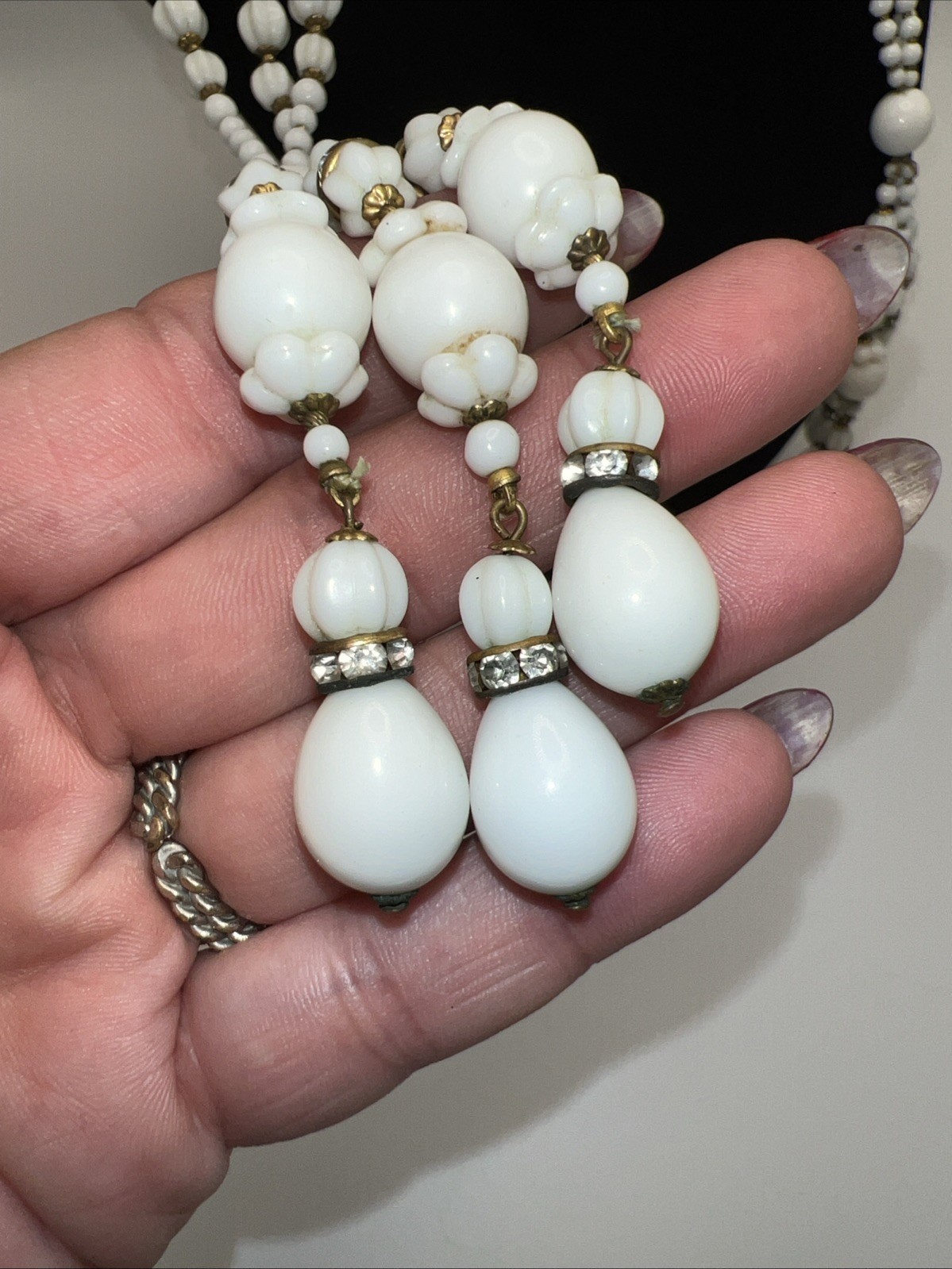 1930s 40s Milk Glass Lariat Necklace Rhinestone Multi Strand Art Deco 34”