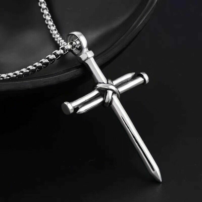 Men’s Christ Jesus Nail Rope Cross Pendant Necklace Christian Jewelry Chain 24″