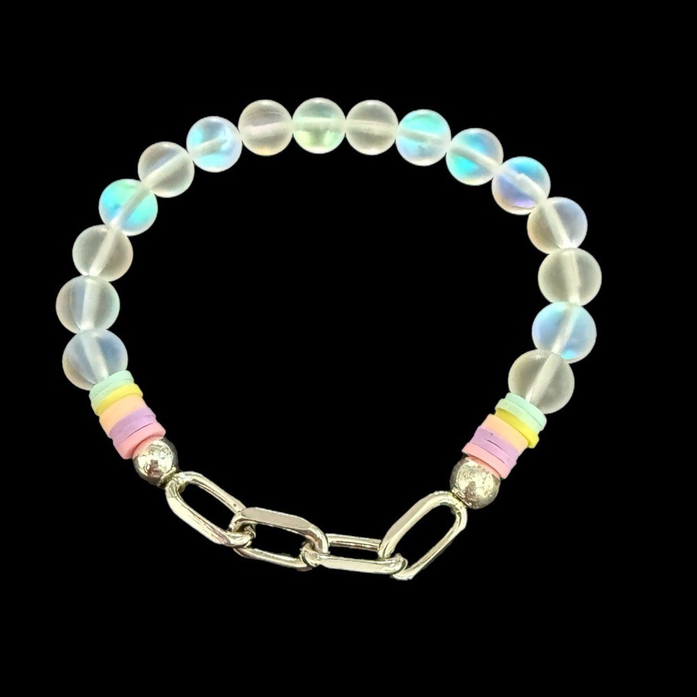 Mermaid Glass and Silver Paperclip Link Beaded Bracelet