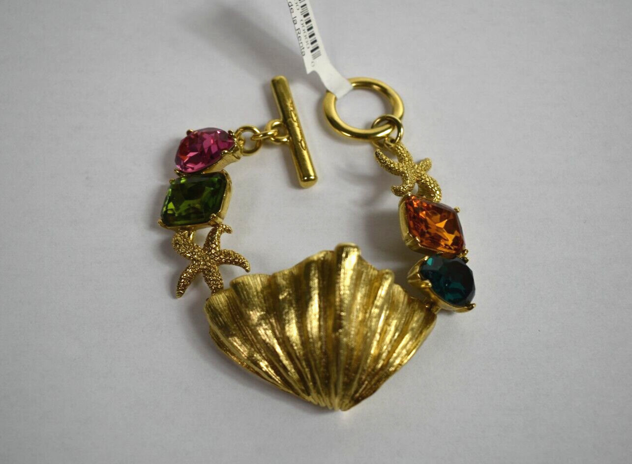 $890 NEW Oscar de la Renta Textured Shell Crystal Bracelet Gold