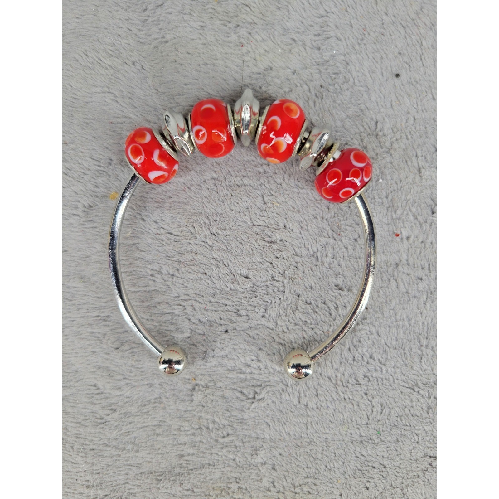 Silver Tone Cuff Bracelet Red Glass Beads Patterned Charm Bangle
