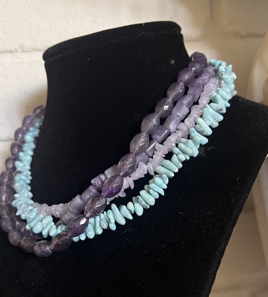 Purple & Teal Faux Stones Plastic Multi Strand Filigree End Caps Beaded Necklace