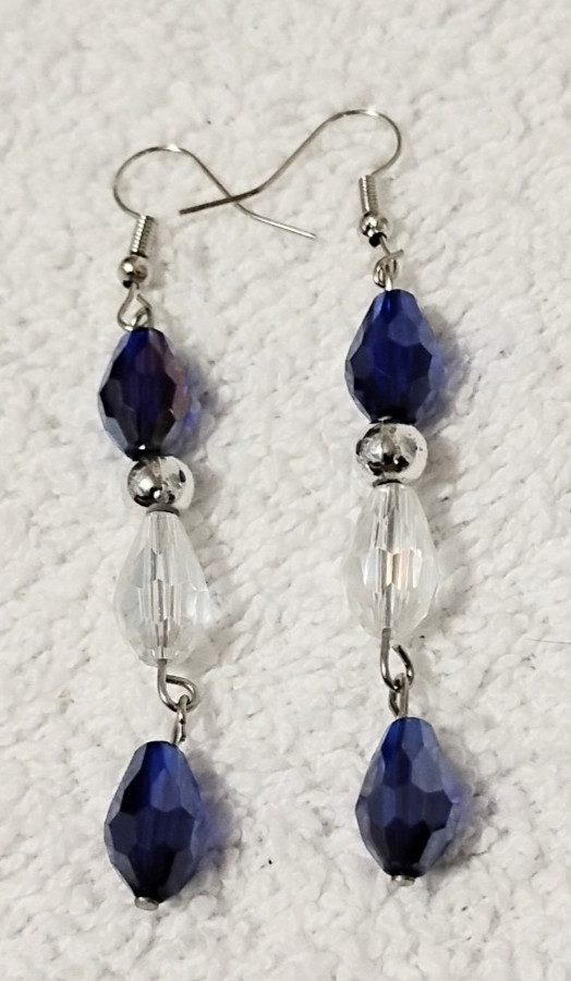 Handcrafted Jewelry 35″ Blue Clear Faceted Glass Teardrops Necklace Earring Set