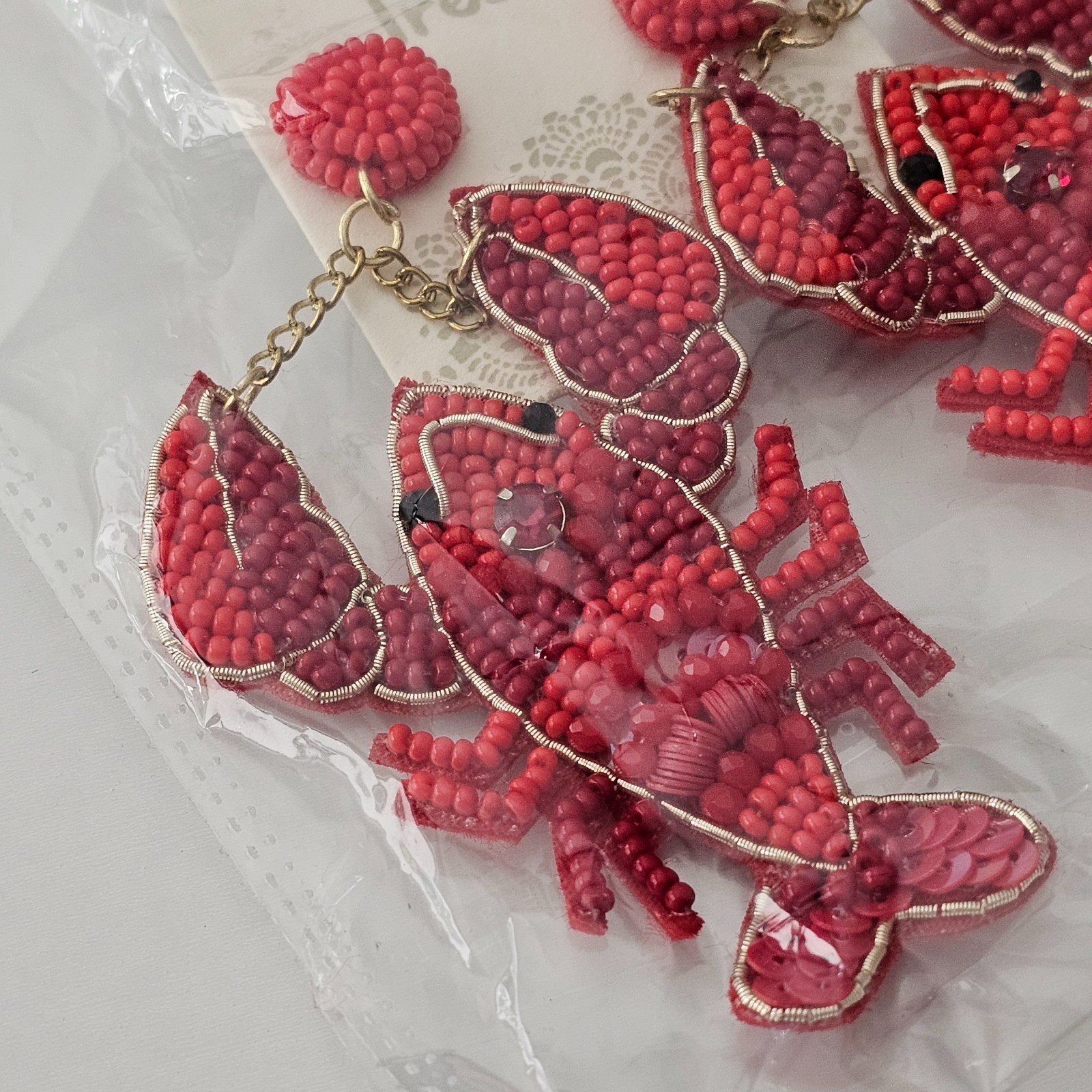 Red Beaded Lobster Earrings Crawfish Seed bead drop Earrings 3.75″ NEW