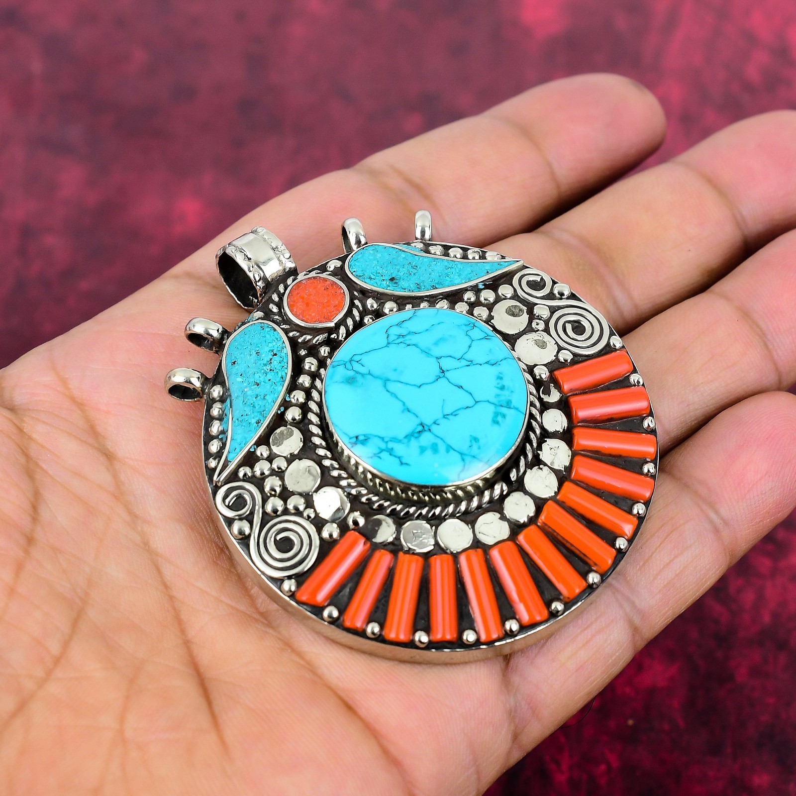 Turquoise, Coral Gemstone 925 Silver Handmade Ethnic Nepali Pendant Jewelry
